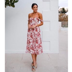 Reformation Violet Off the Shoulder Dress cream color with red floral design